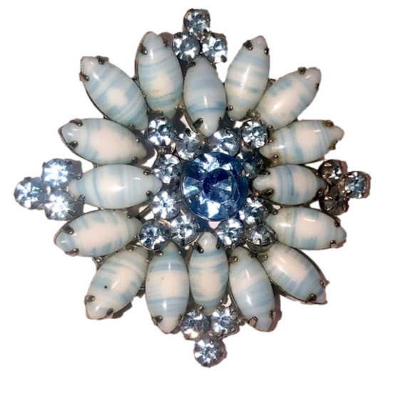 𝅺vtg Juliana DE Blue Stripe Milk Glass Rhinestone Flower Brooch 2” Confirmed - Picture 2 of 10